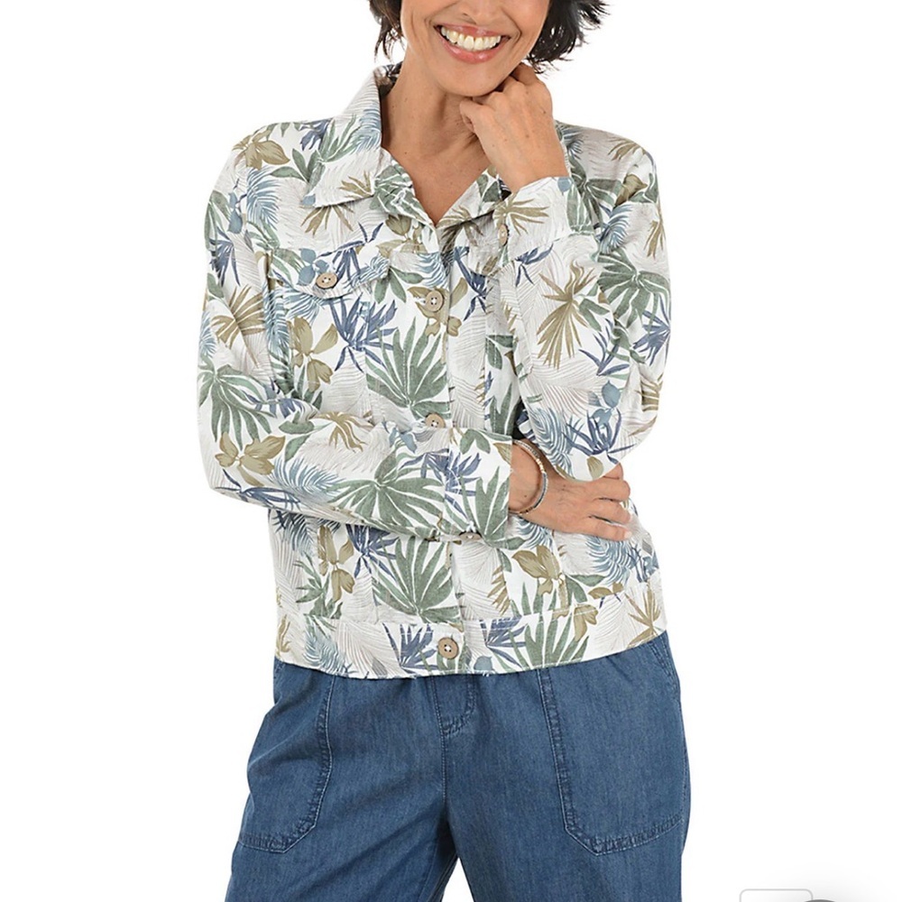 Dash-Tropical Leaf Print Button-Down Jacket 55%Linen